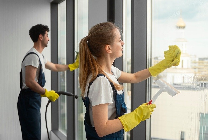 Dos personas limpiando una cristalera